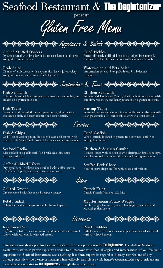 Download my sample menu for a hypothetical seafood restaurant partner's new summer seasonal gluten-free menu.